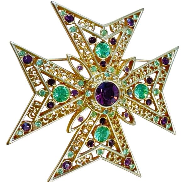 Nolan Miller Maltese Cross Brooch Pin Signed Gold Tone Purple/Green Glow - Picture 3 of 13